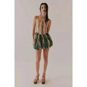 Free People Agua Bendita Noemi Mini Dress Green Multi Bubble Skirt Size S NWT